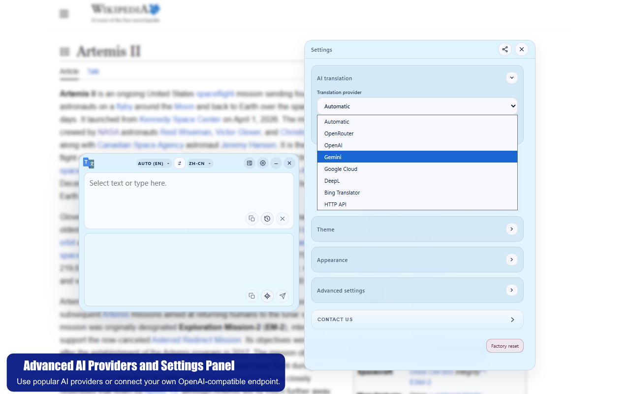AI providers and settings screenshot